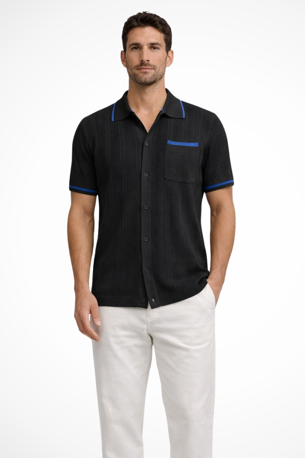 Men's Openwork Knit Camp-Collar Shirt with Contrast Trim