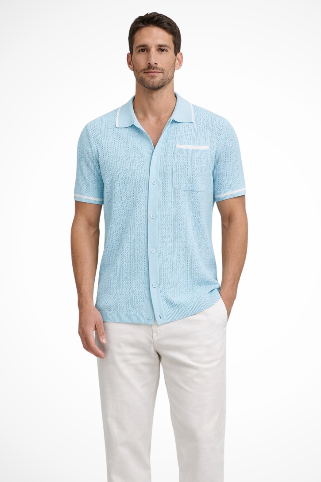 Men's Openwork Knit Camp-Collar Shirt with Contrast Trim