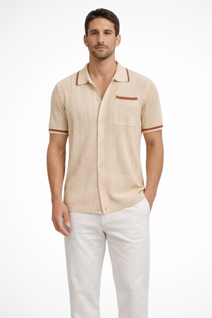 Men's Openwork Knit Camp-Collar Shirt with Contrast Trim