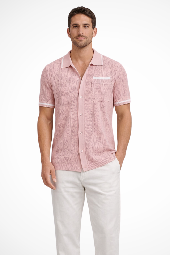 Men's Openwork Knit Camp-Collar Shirt with Contrast Trim