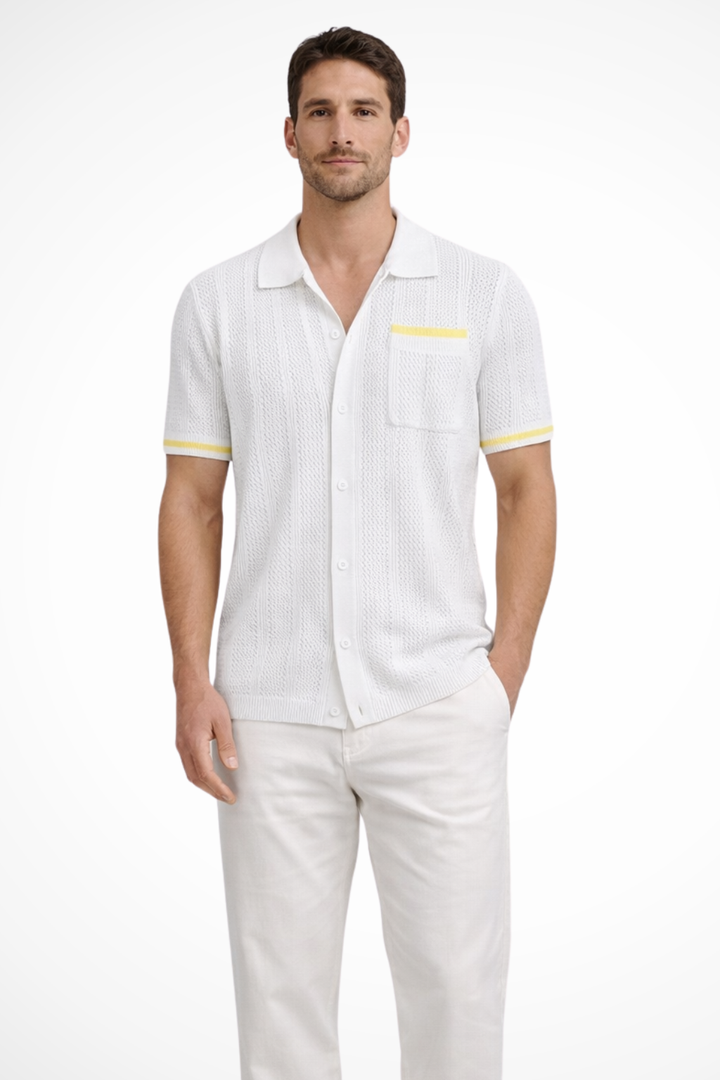 Men's Openwork Knit Camp-Collar Shirt with Contrast Trim