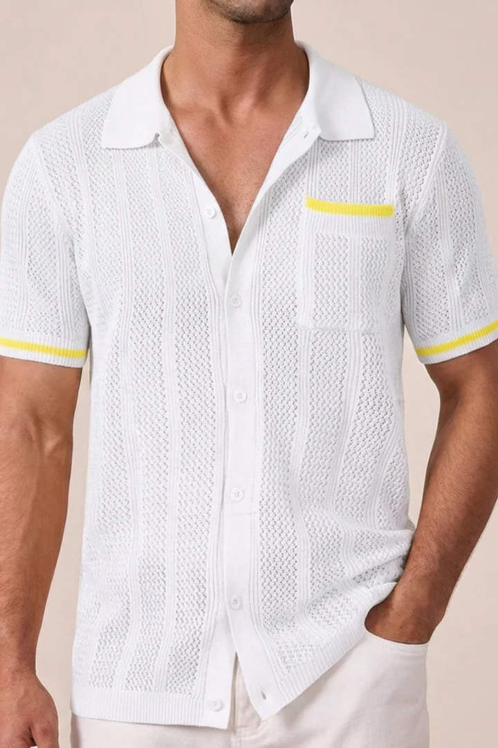 Men's Openwork Knit Camp-Collar Shirt with Contrast Trim