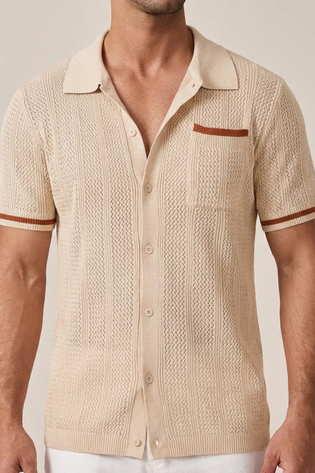 Men's Openwork Knit Camp-Collar Shirt with Contrast Trim