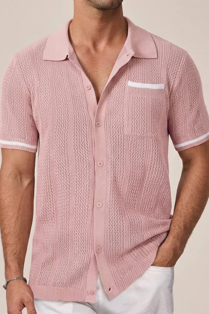 Men's Openwork Knit Camp-Collar Shirt with Contrast Trim
