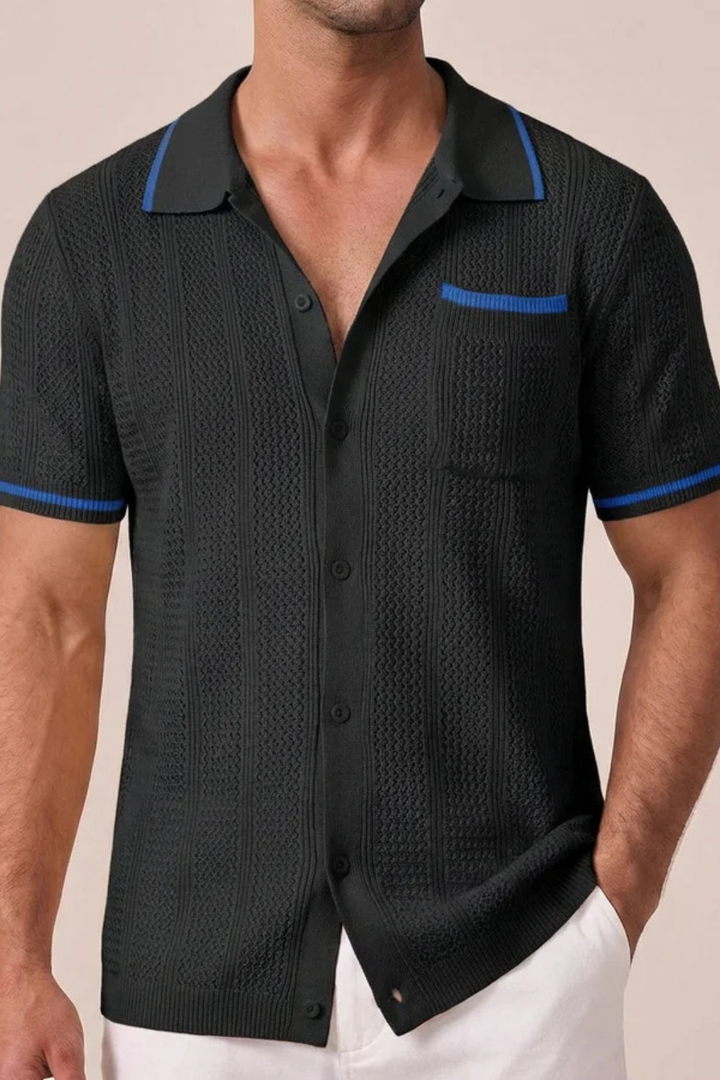 Men's Openwork Knit Camp-Collar Shirt with Contrast Trim