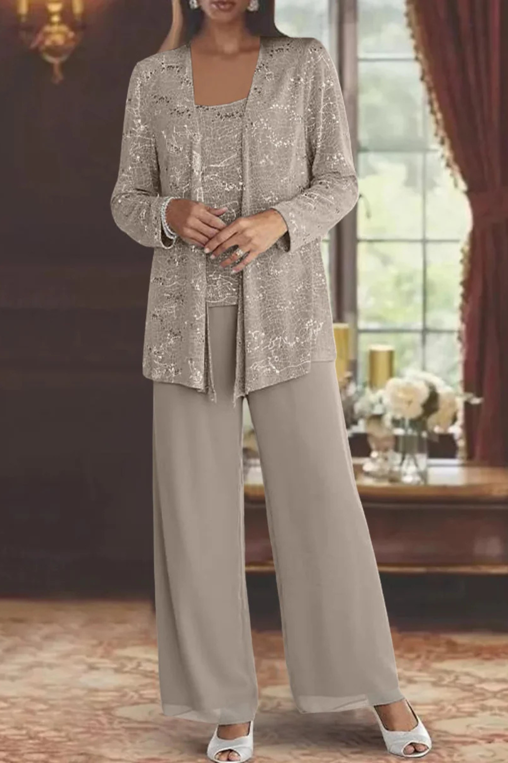 Maeve - Women’s Three-Piece Sequin Lace Jacket & Wide-Leg Trouser Set