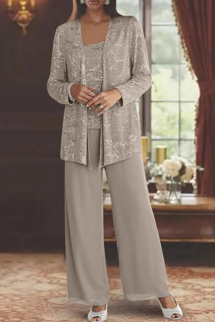 Maeve - Women’s Three-Piece Sequin Lace Jacket & Wide-Leg Trouser Set