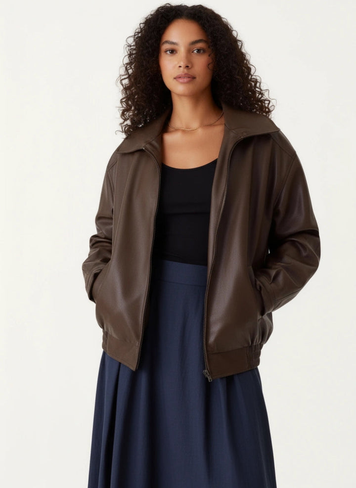 Jada - Women's Oversized Leather Zip Jacket With Collar