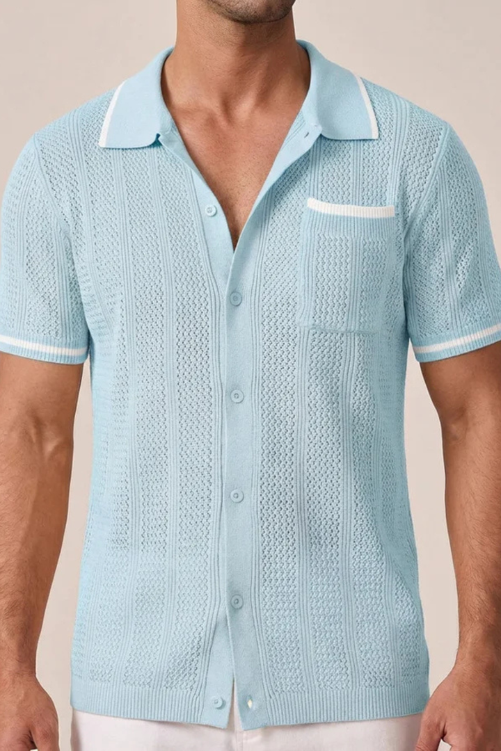Men's Openwork Knit Camp-Collar Shirt with Contrast Trim