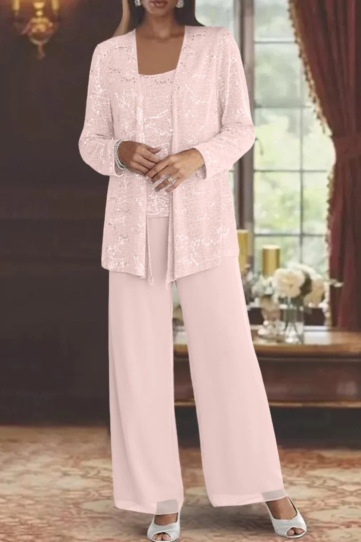 Maeve - Women’s Three-Piece Sequin Lace Jacket & Wide-Leg Trouser Set