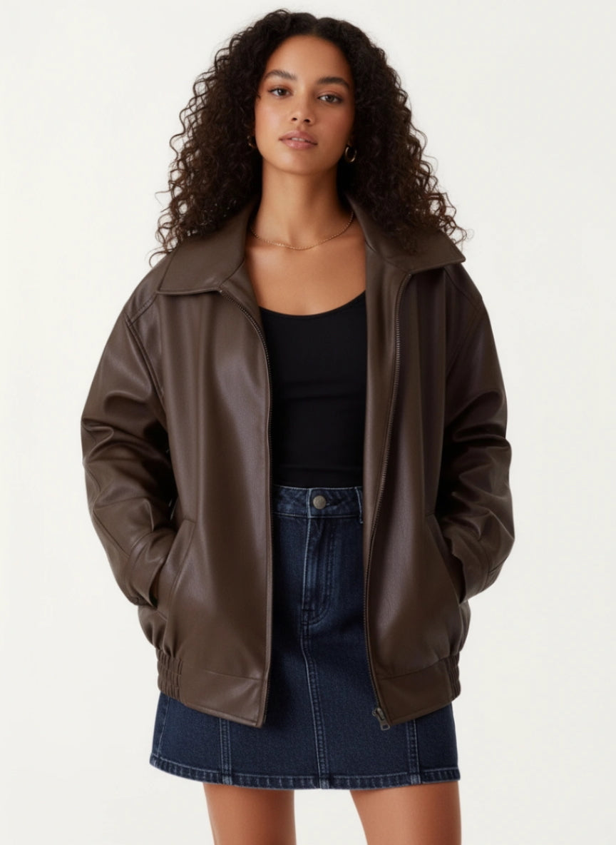 Jada - Women's Oversized Leather Zip Jacket With Collar