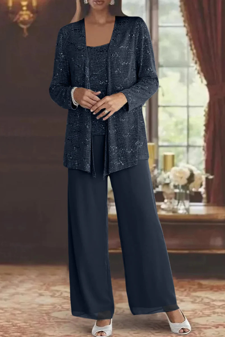 Maeve - Women’s Three-Piece Sequin Lace Jacket & Wide-Leg Trouser Set