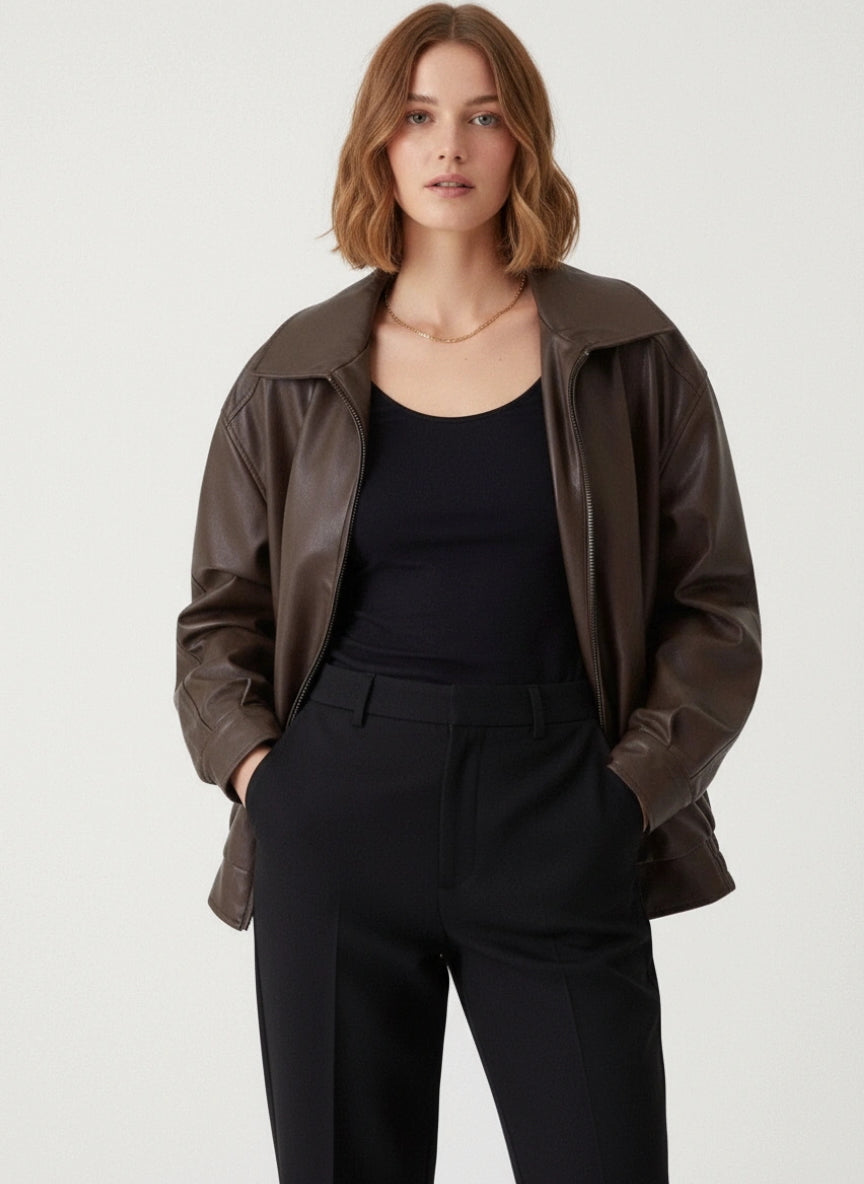 Jada - Women's Oversized Leather Zip Jacket With Collar