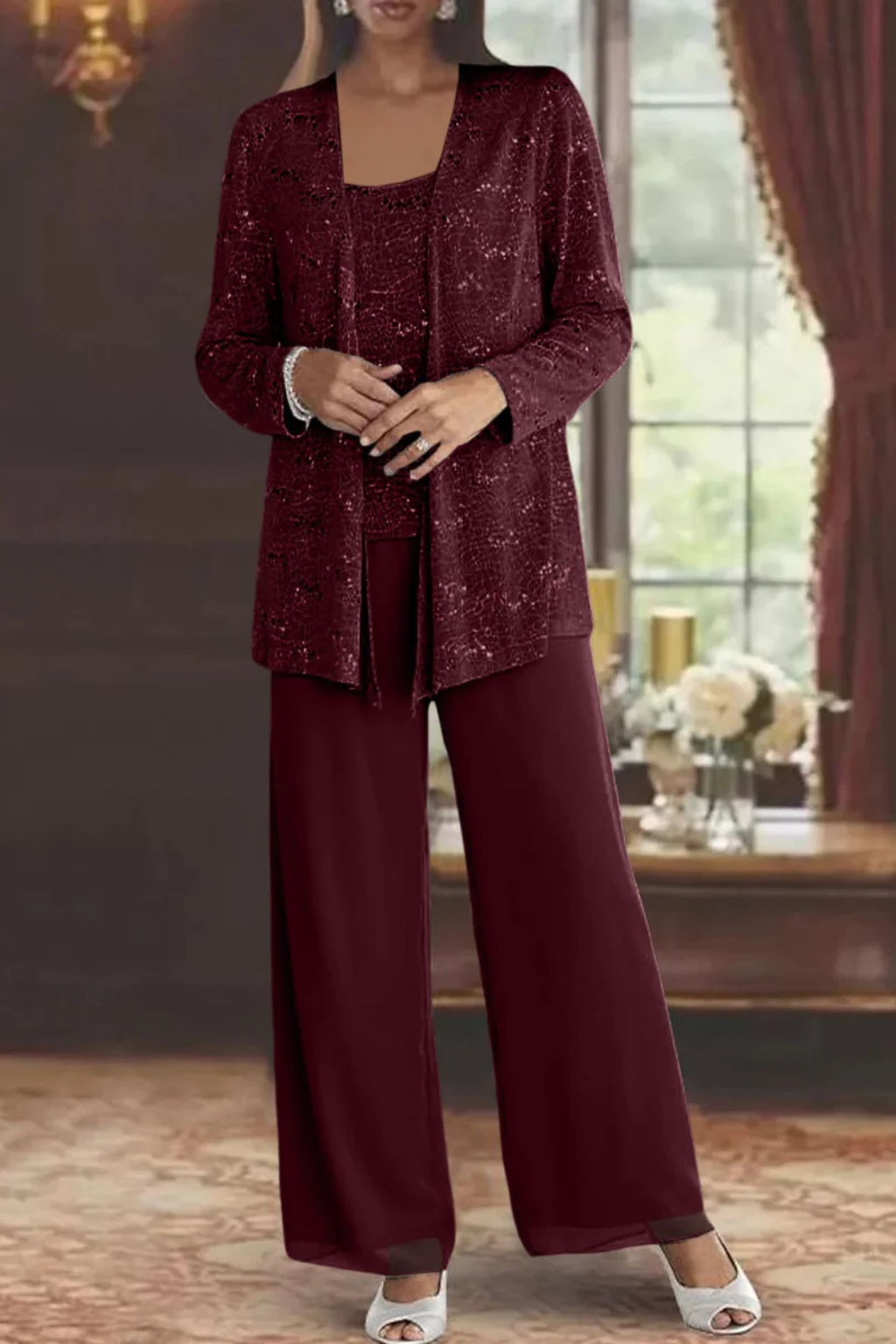 Maeve - Women’s Three-Piece Sequin Lace Jacket & Wide-Leg Trouser Set