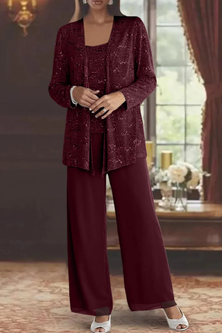 Maeve - Women’s Three-Piece Sequin Lace Jacket & Wide-Leg Trouser Set