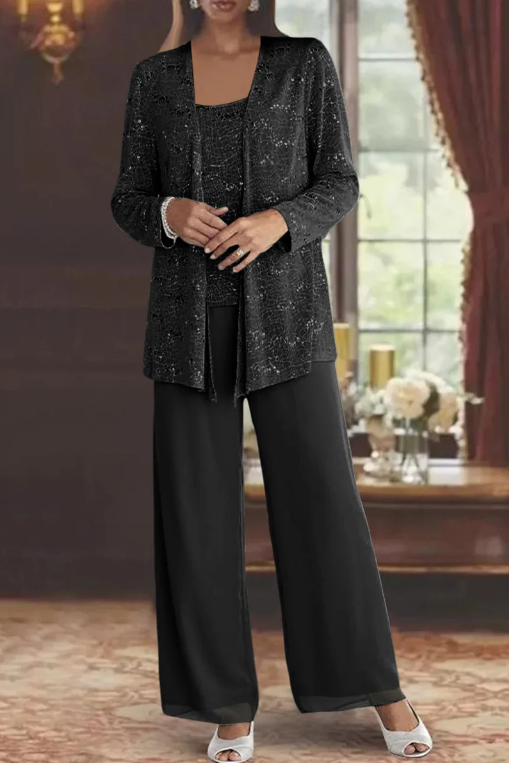 Maeve - Women’s Three-Piece Sequin Lace Jacket & Wide-Leg Trouser Set
