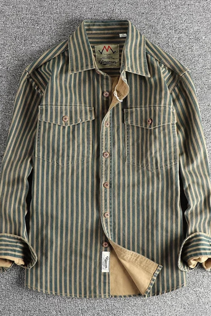 David -  Men Washed Striped Shirt Loose Fit Long Sleeve Blouse