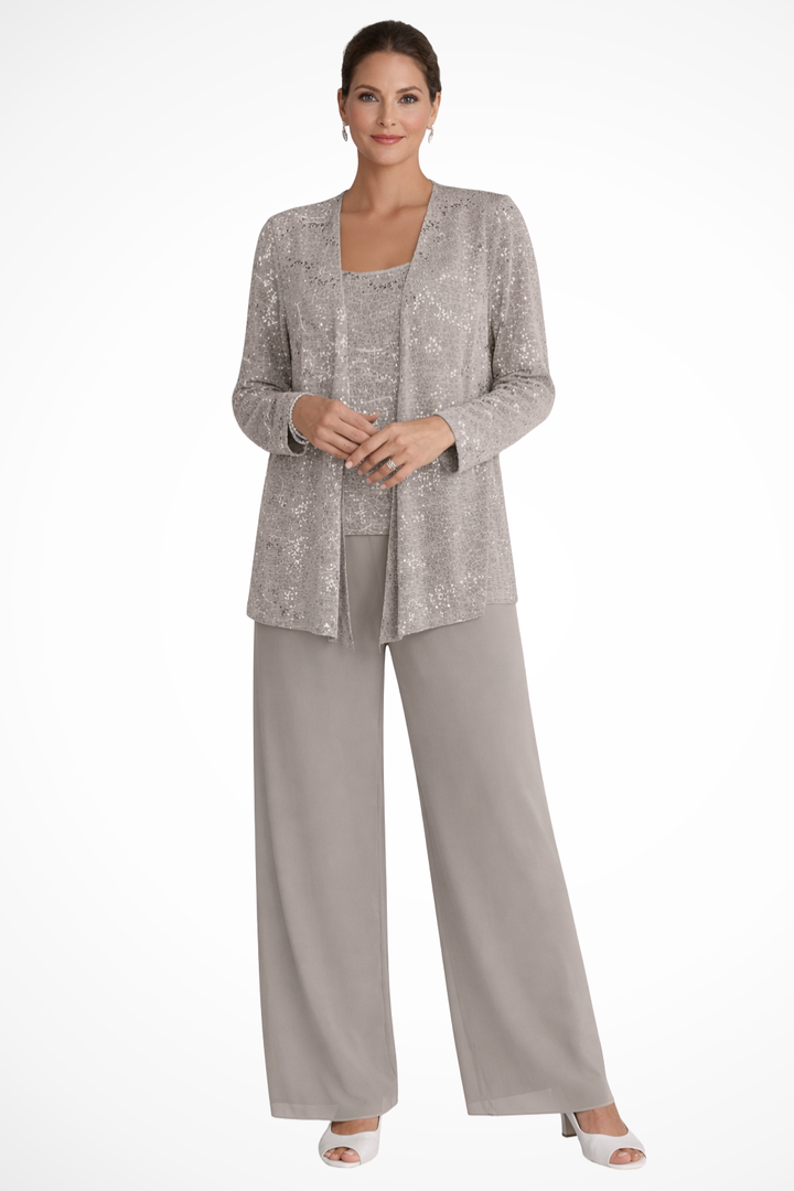 Maeve - Women’s Three-Piece Sequin Lace Jacket & Wide-Leg Trouser Set
