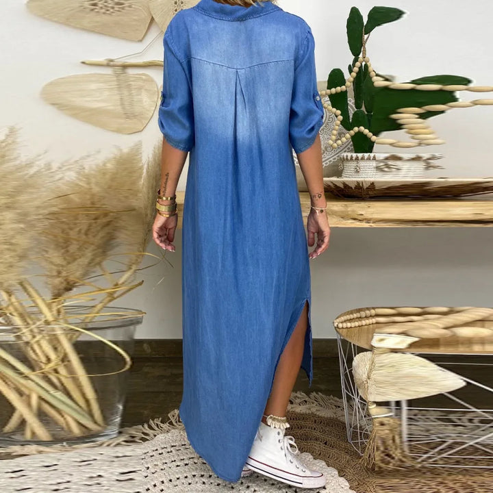 Leah™ | Long denim-look dress with side slit