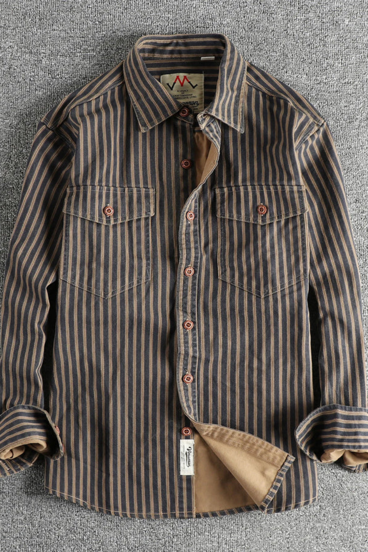David -  Men Washed Striped Shirt Loose Fit Long Sleeve Blouse