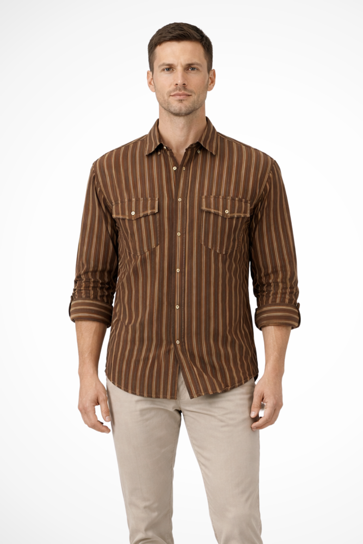 David -  Men Washed Striped Shirt Loose Fit Long Sleeve Blouse