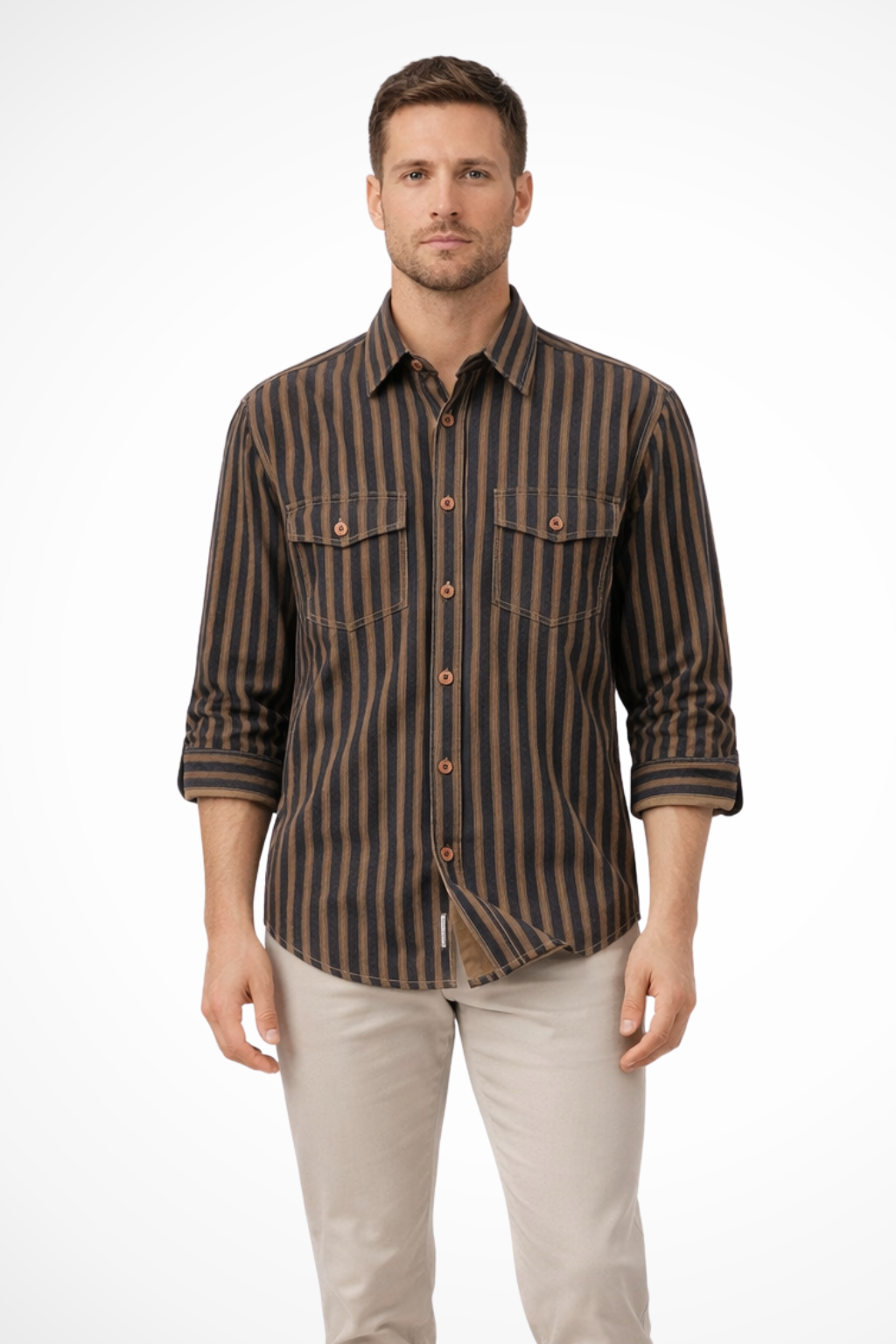 David -  Men Washed Striped Shirt Loose Fit Long Sleeve Blouse