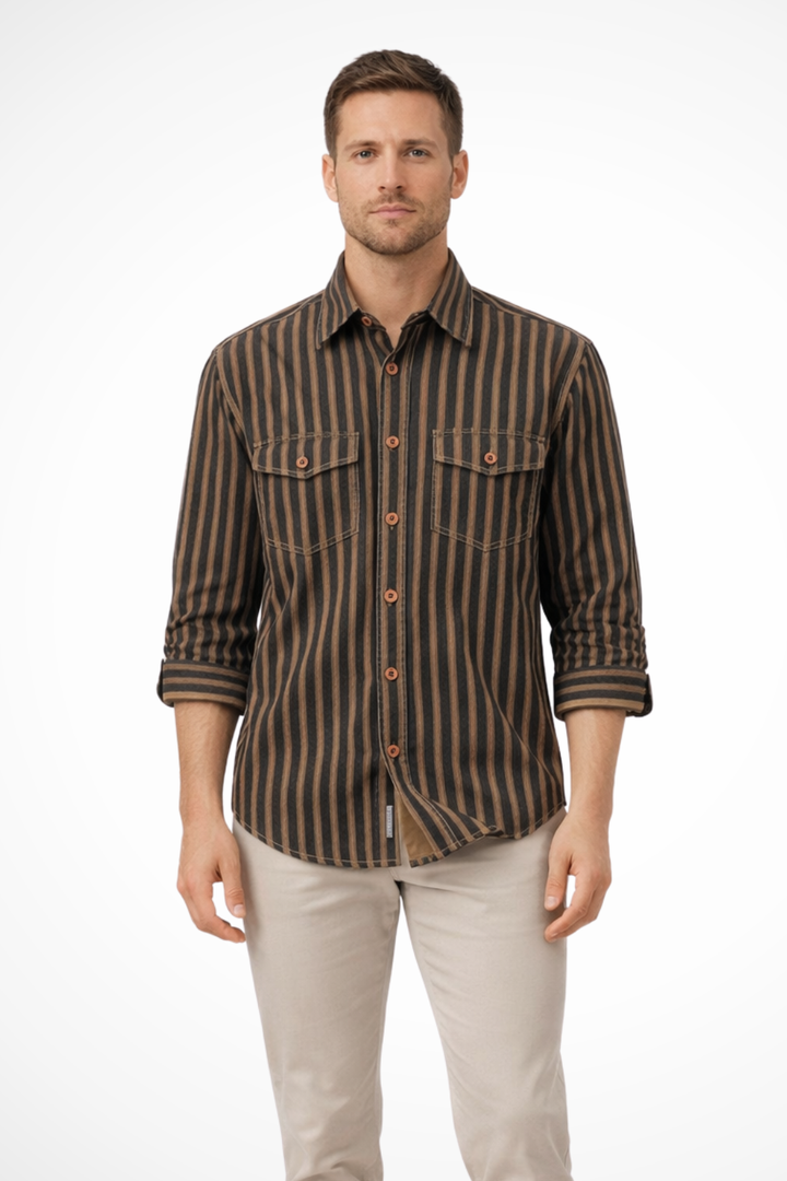 David -  Men Washed Striped Shirt Loose Fit Long Sleeve Blouse