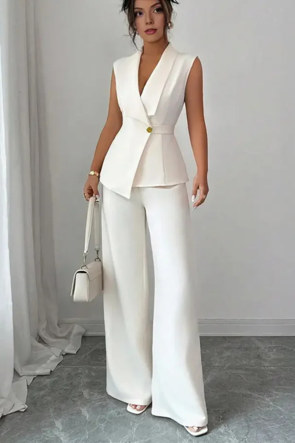Lisa - Women Sleeveless V Neck Tailored Blazer and Wide Leg Trousers White Suit Set