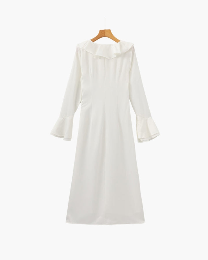 Pearl Button Ruffle Midi Dress