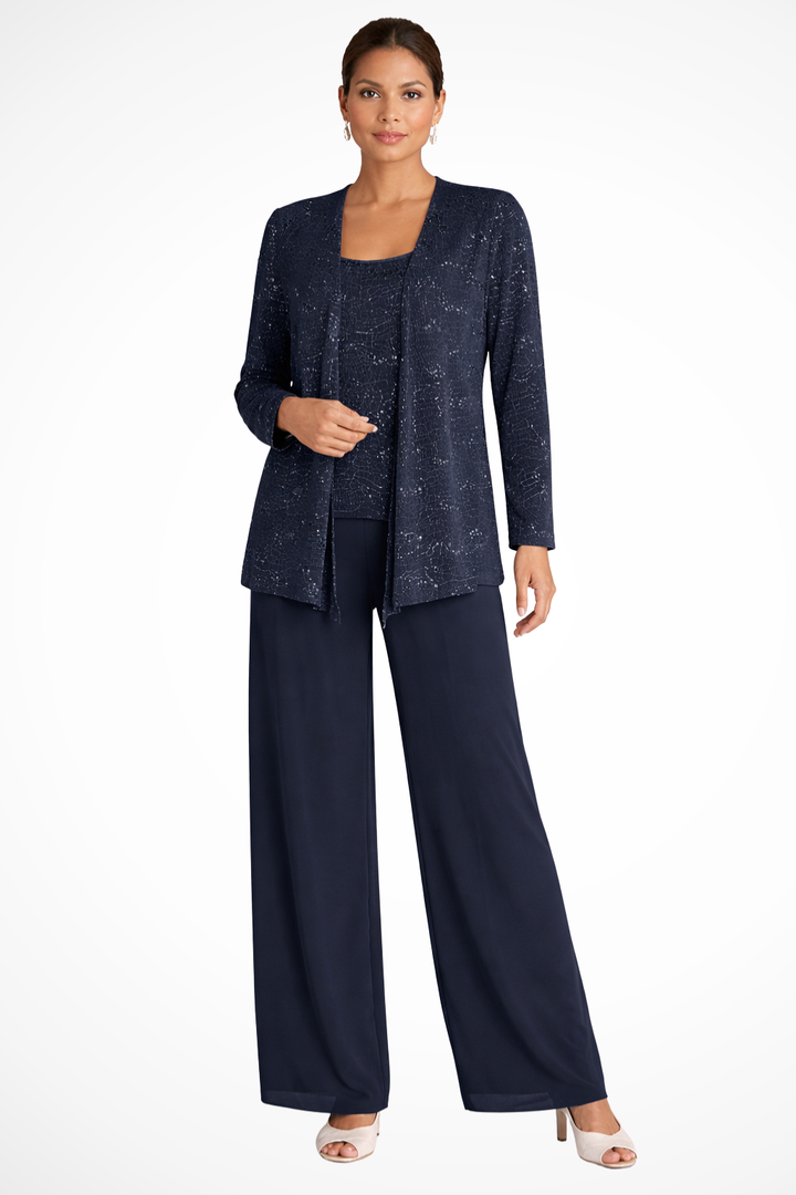 Maeve - Women’s Three-Piece Sequin Lace Jacket & Wide-Leg Trouser Set