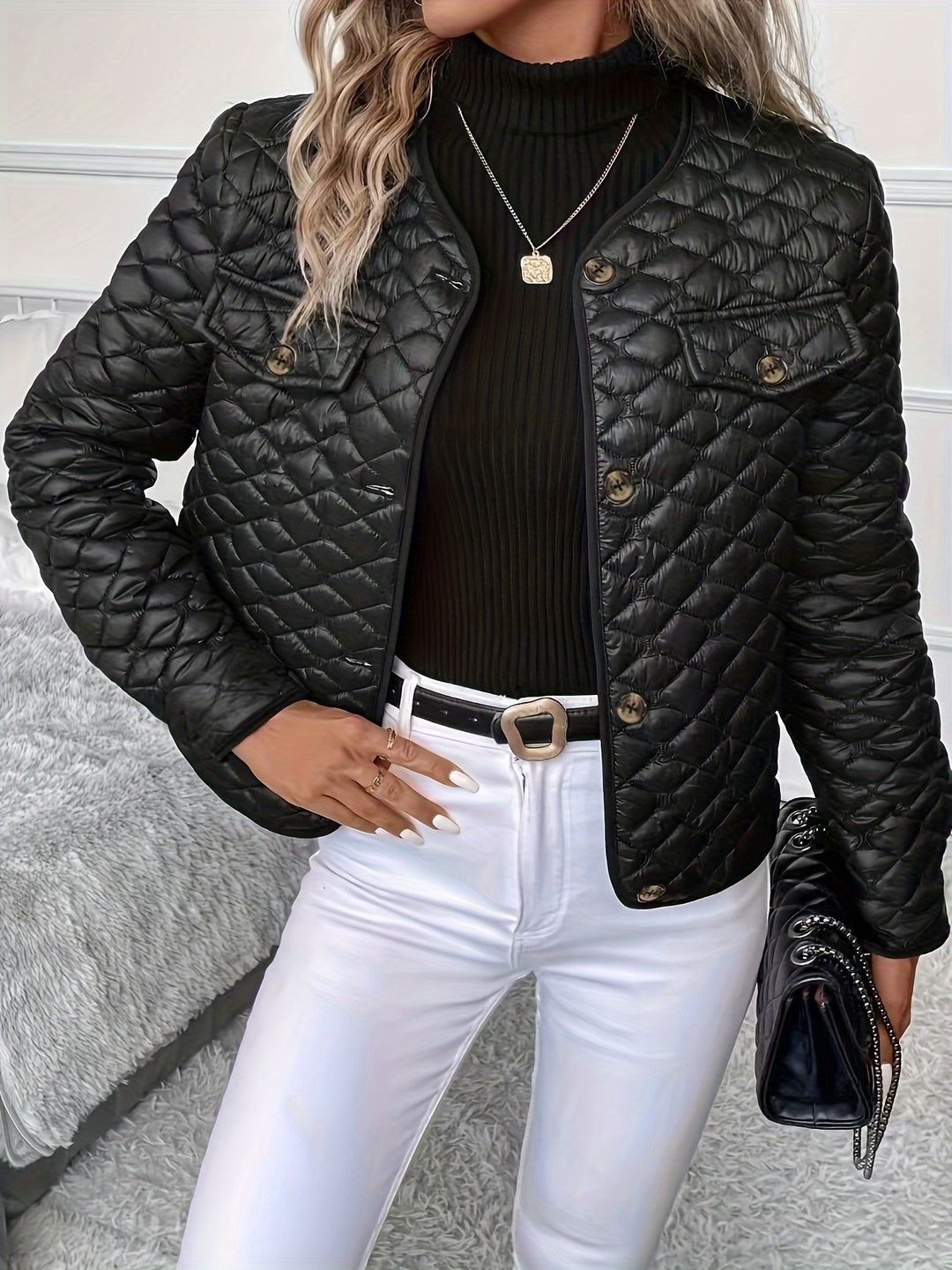 Jenna - Long Sleeve Lapel Detail Quilted Coat