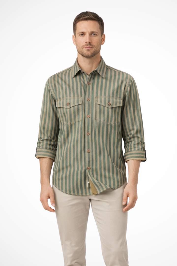 David -  Men Washed Striped Shirt Loose Fit Long Sleeve Blouse