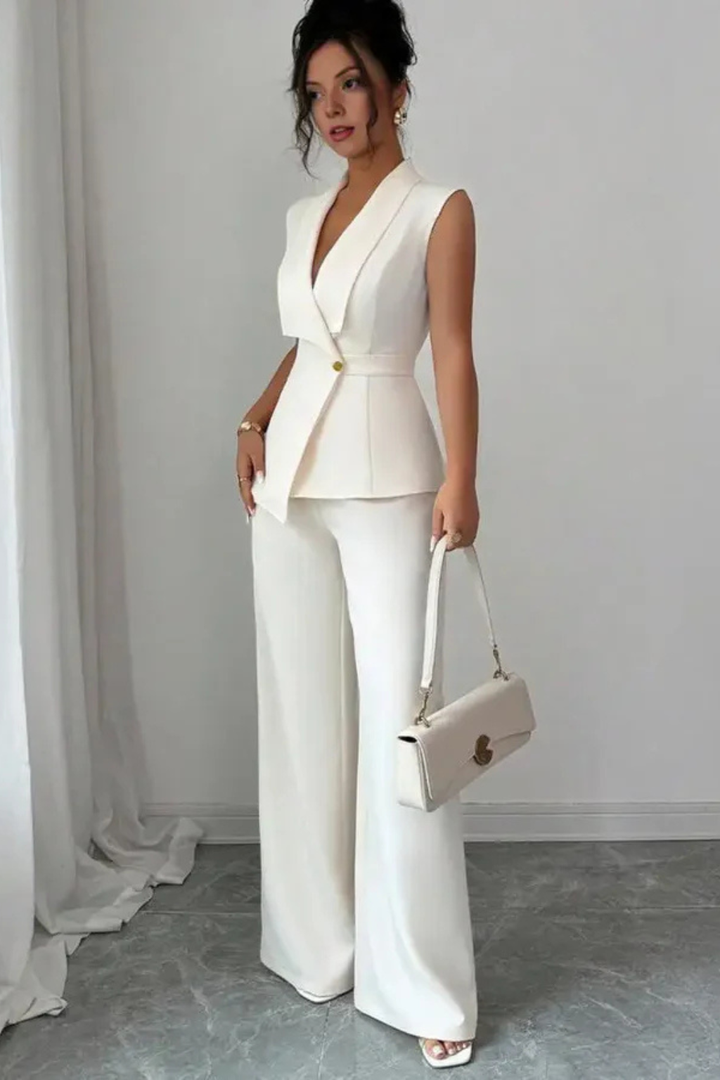 Lisa - Women Sleeveless V Neck Tailored Blazer and Wide Leg Trousers White Suit Set