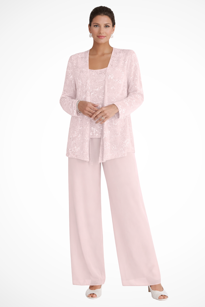 Maeve - Women’s Three-Piece Sequin Lace Jacket & Wide-Leg Trouser Set