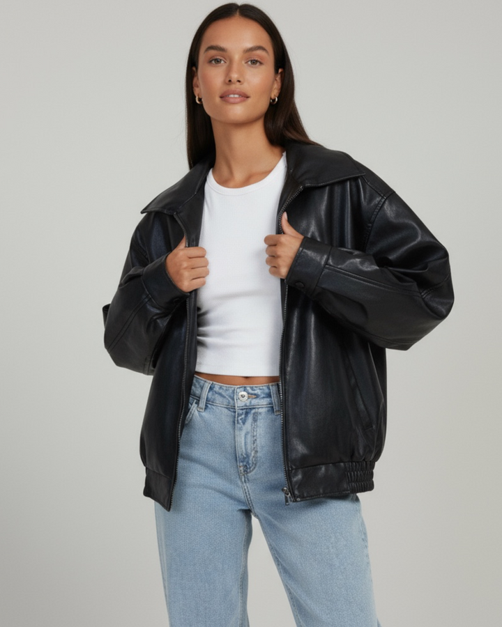 Jada - Women's Oversized Leather Zip Jacket With Collar