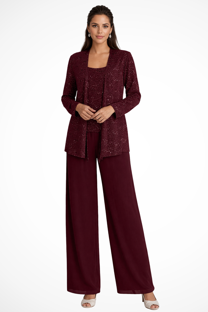 Maeve - Women’s Three-Piece Sequin Lace Jacket & Wide-Leg Trouser Set