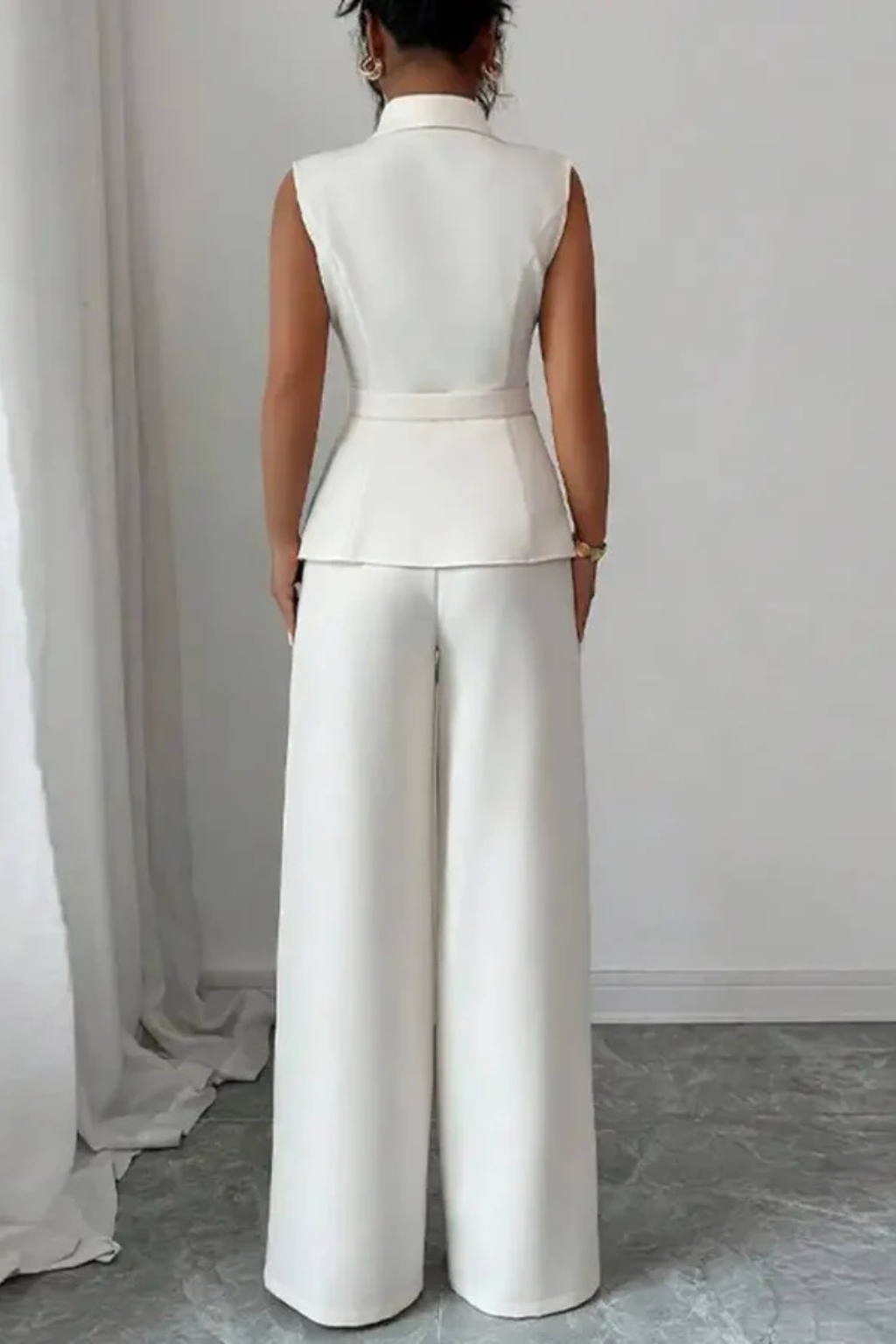 Lisa - Women Sleeveless V Neck Tailored Blazer and Wide Leg Trousers White Suit Set