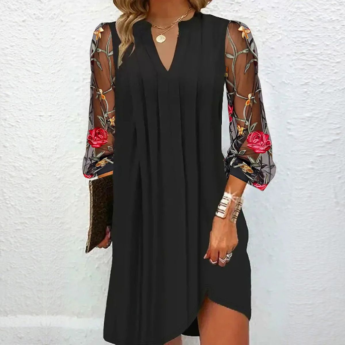 Anne™ | Elegant mini dress with V-neckline and sheer sleeves