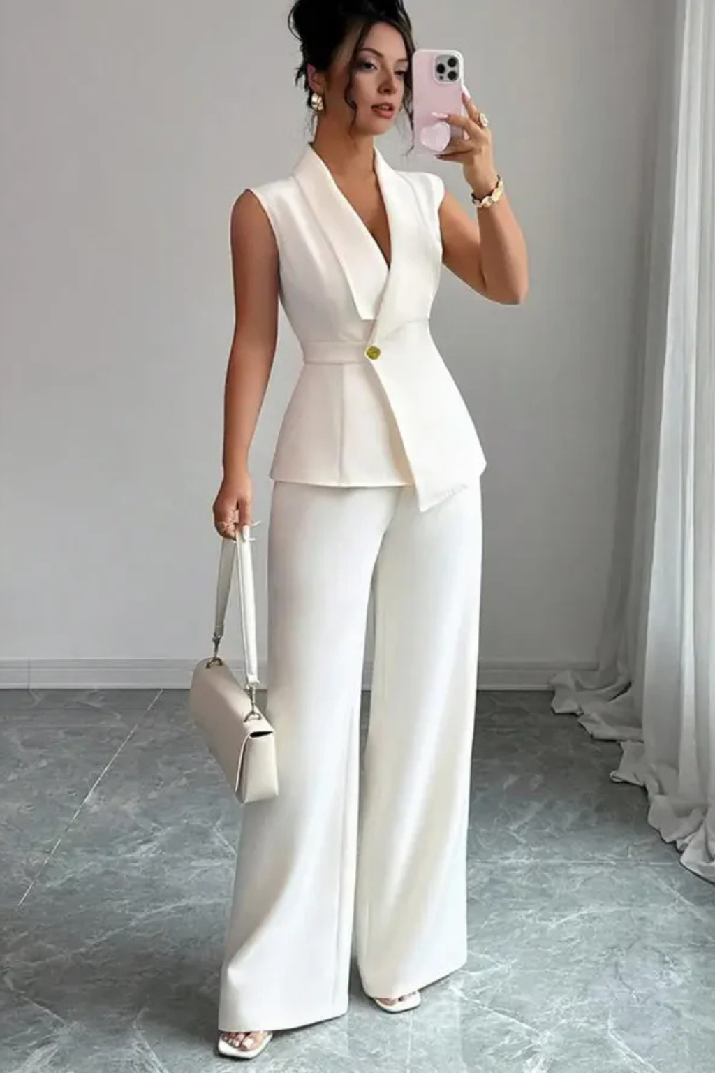 Lisa - Women Sleeveless V Neck Tailored Blazer and Wide Leg Trousers White Suit Set