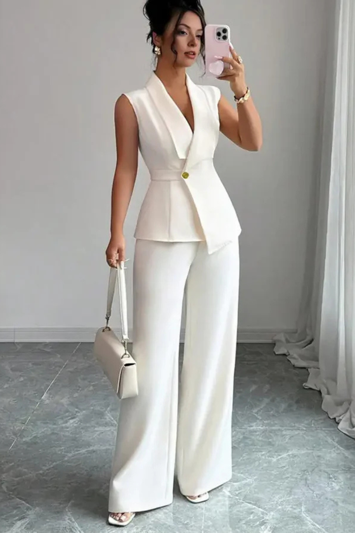 Lisa - Women Sleeveless V Neck Tailored Blazer and Wide Leg Trousers White Suit Set