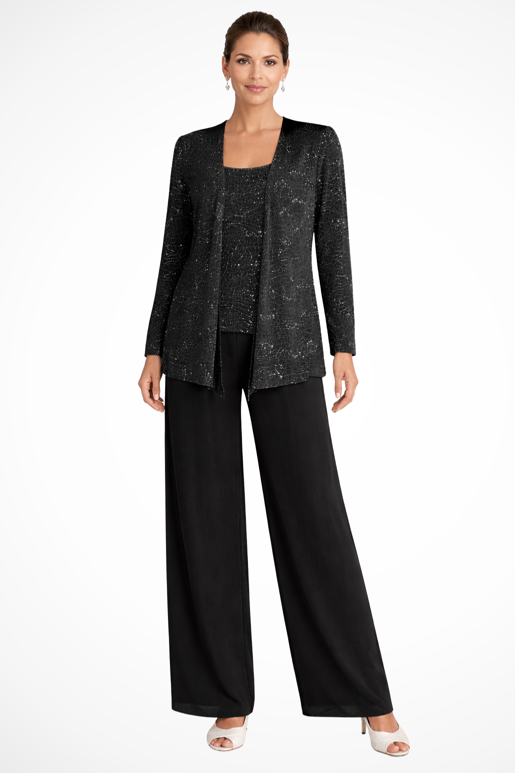 Maeve - Women’s Three-Piece Sequin Lace Jacket & Wide-Leg Trouser Set