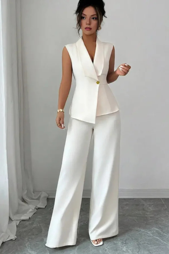 Lisa - Women Sleeveless V Neck Tailored Blazer and Wide Leg Trousers White Suit Set