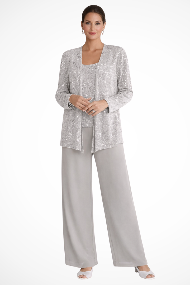 Maeve - Women’s Three-Piece Sequin Lace Jacket & Wide-Leg Trouser Set