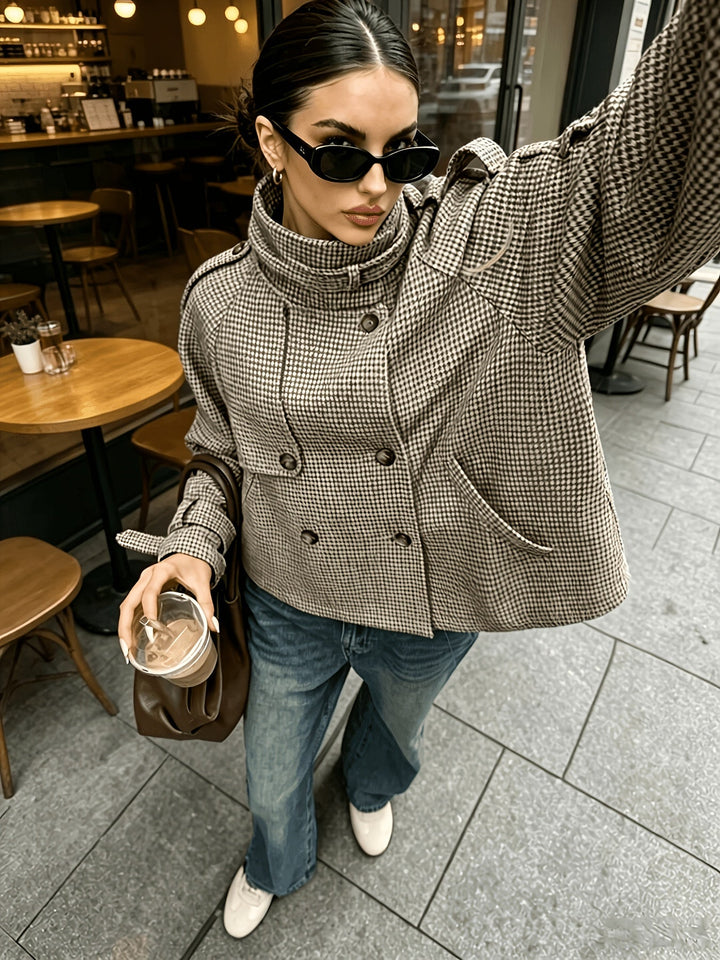 Beatrice - Women’s Cropped Houndstooth Jacket with Stand Collar