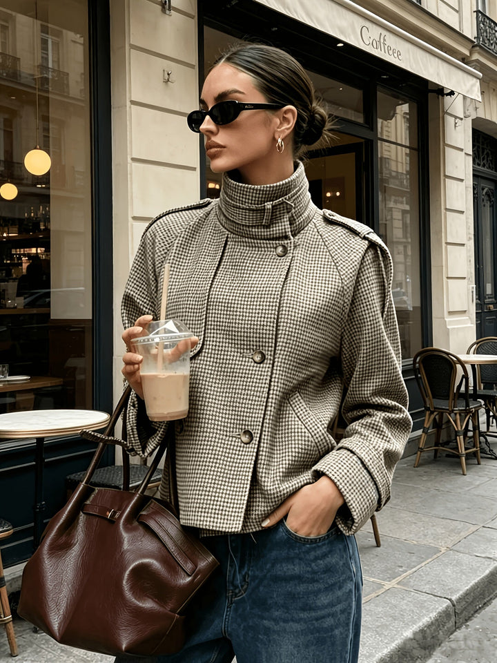 Beatrice - Women’s Cropped Houndstooth Jacket with Stand Collar