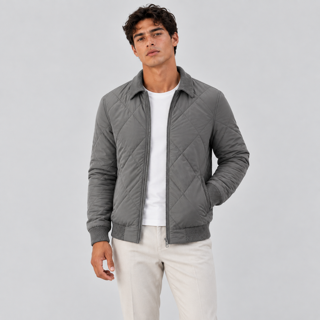 Men's Diamond-Quilted Bomber Jacket with Knit Collar