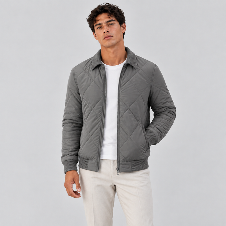 Men's Diamond-Quilted Bomber Jacket with Knit Collar