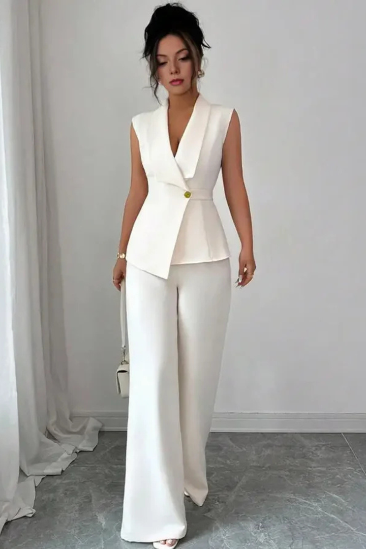 Lisa - Women Sleeveless V Neck Tailored Blazer and Wide Leg Trousers White Suit Set