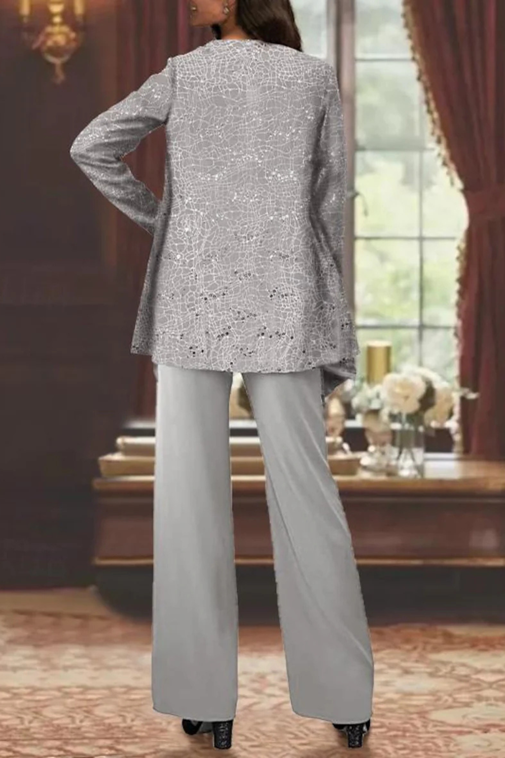 Maeve - Women’s Three-Piece Sequin Lace Jacket & Wide-Leg Trouser Set