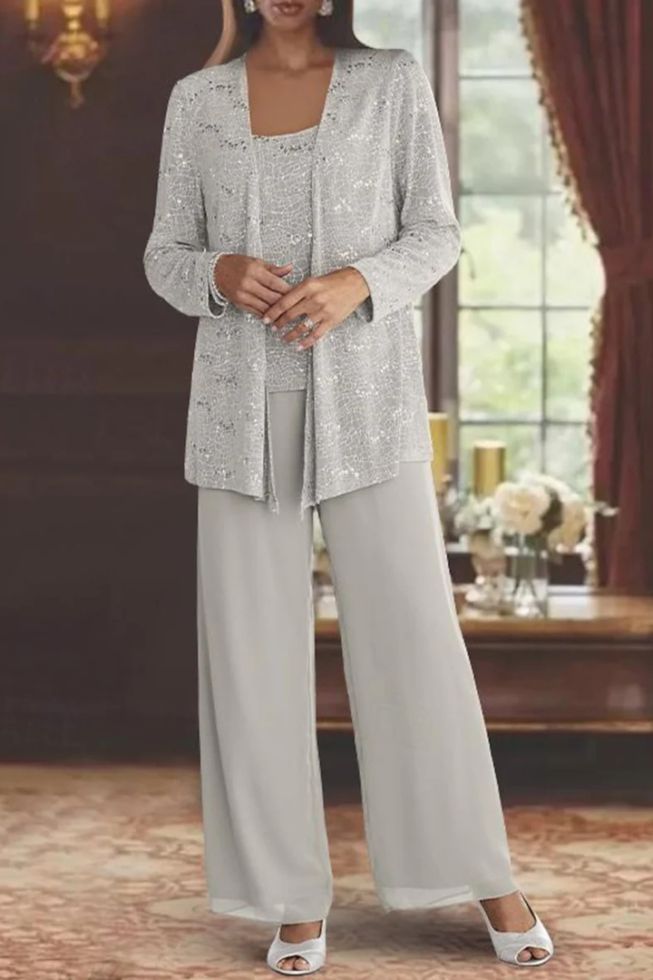 Maeve - Women’s Three-Piece Sequin Lace Jacket & Wide-Leg Trouser Set
